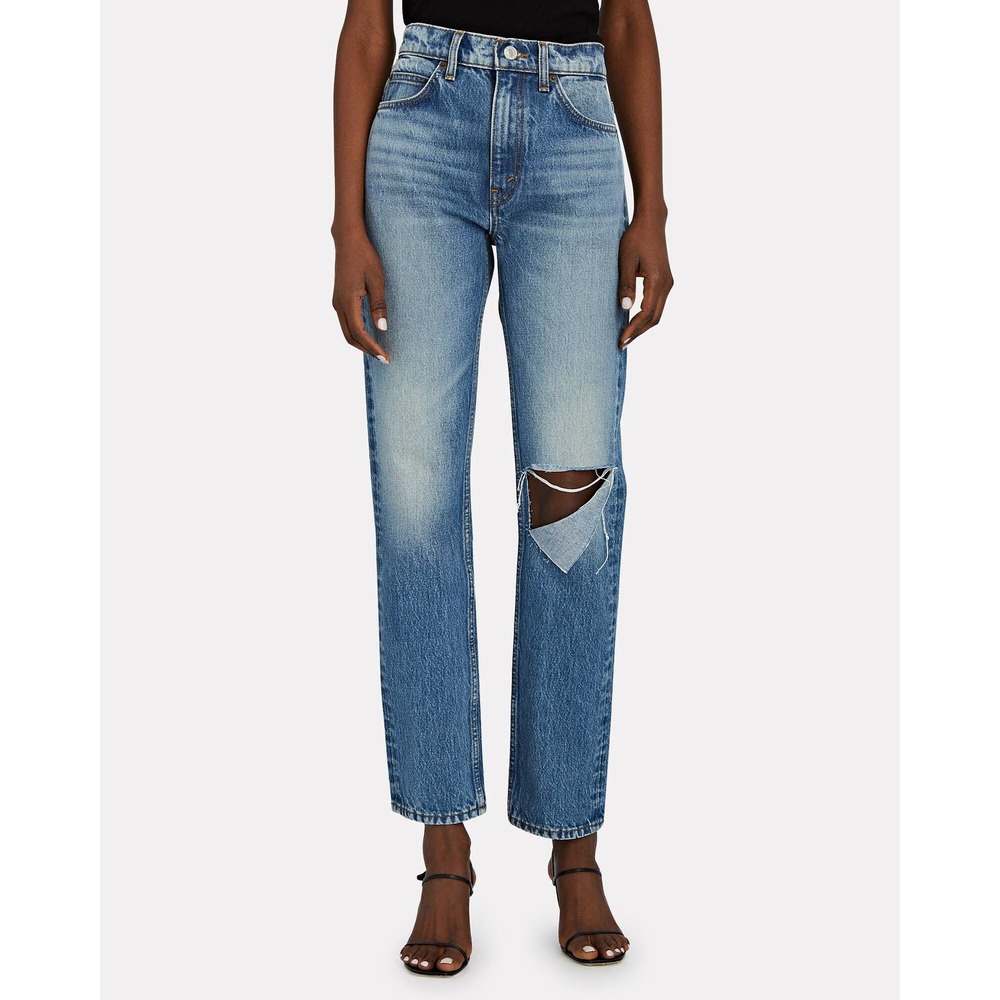 Re/Done 70's Straight Leg Jeans High Rise Blue Daring Indigo With Rips 27 Womens